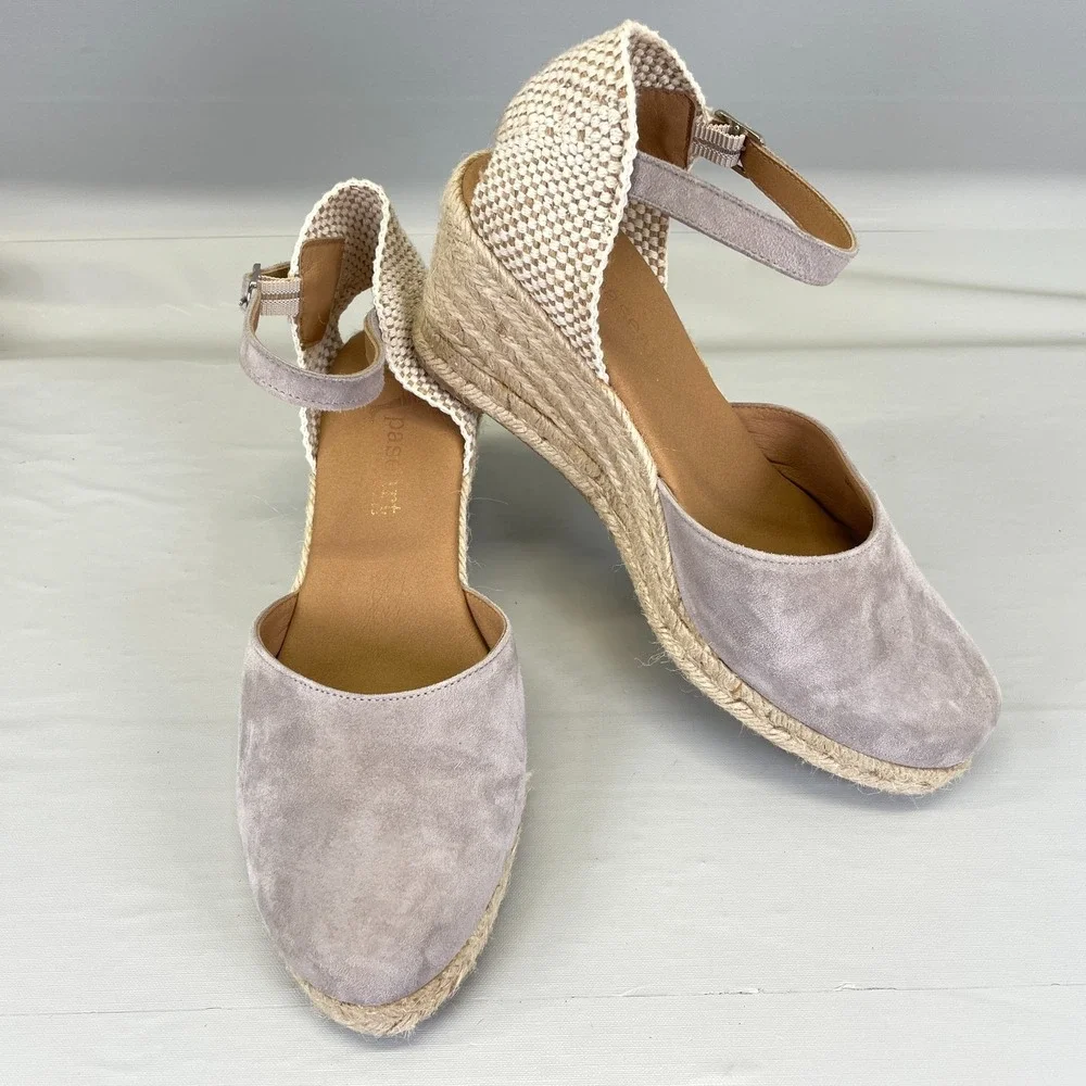 Paseart Wedge Espadrille Sandals Womens Size 40 US 9.5 Gray Suede Buckle Shoes